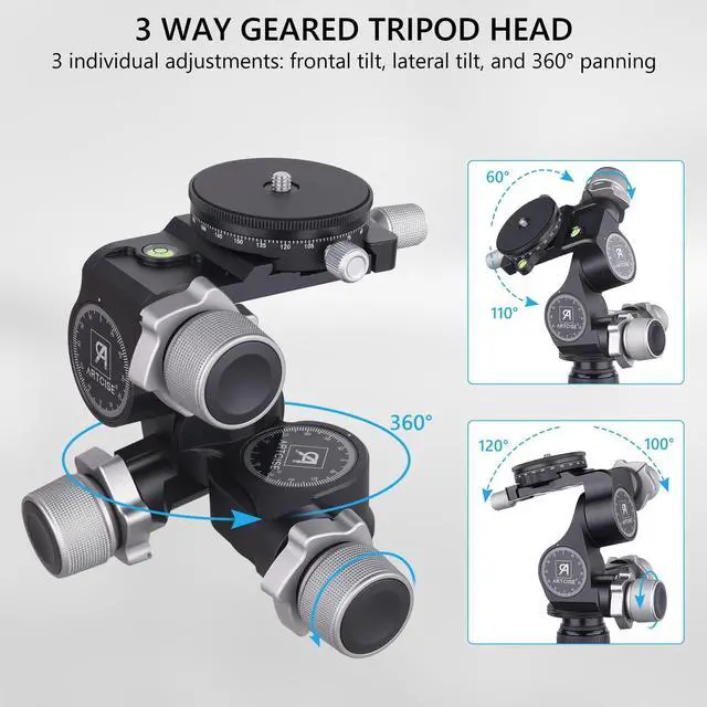 Alt view image 3 of 5 - 3-Way Geared Tripod Head ARTCISE Professional Geared Tripod Head with Arca Type QR Plate and 360 Panoramic Arca Type QR Plate,Millimeter Micro-Adjustment,Full CNC Aluminum Alloy,Max Load 13lbs