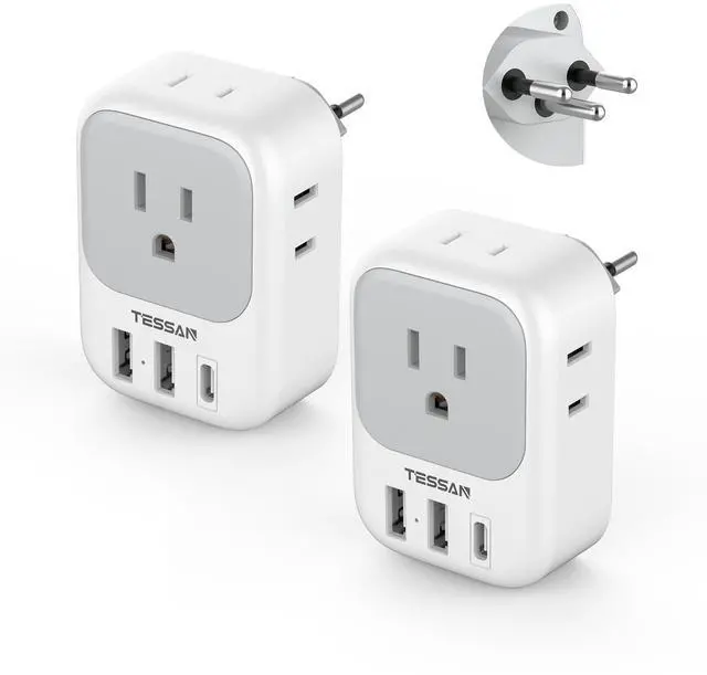 Main image of Switzerland Travel Plug Adapter 2 Pack, TESSAN Type J Adaptor with 4 Outlets 3 USB Charging Ports(1 USB C PD 20W), Swiss Travel Plug for US to Switzerland, Liechtenstein, Rwanda