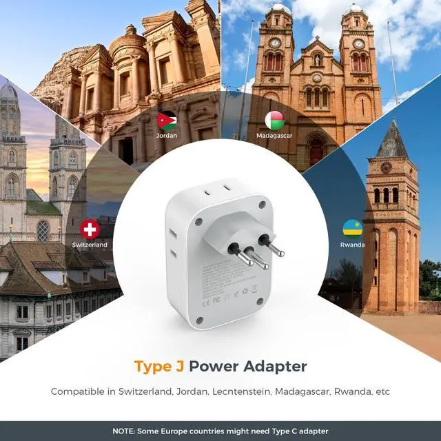 Alt view image 2 of 5 - Switzerland Travel Plug Adapter 2 Pack, TESSAN Type J Adaptor with 4 Outlets 3 USB Charging Ports(1 USB C PD 20W), Swiss Travel Plug for US to Switzerland, Liechtenstein, Rwanda