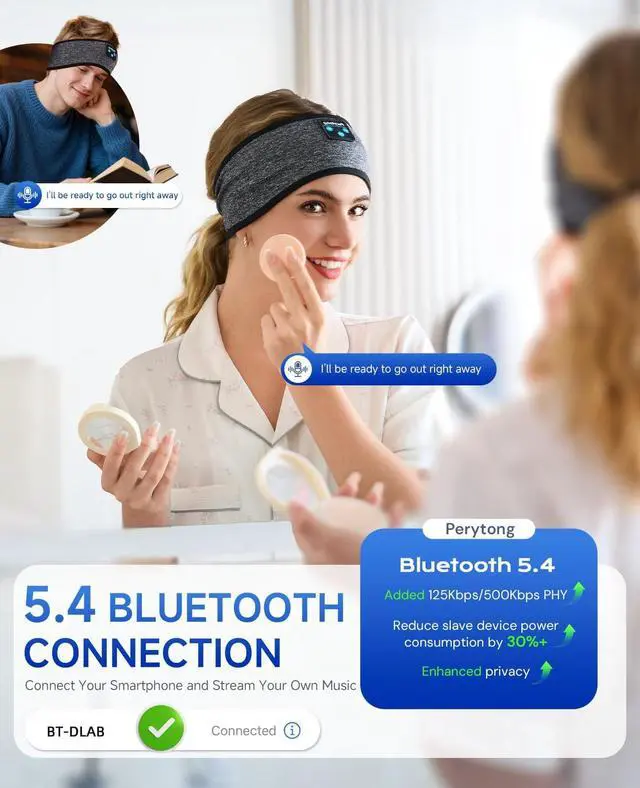 Alt view image 4 of 5 - Perytong Sleep Headphones with Bluetooth 5.4 Headband, Wireless Sleeping Headphones for Side Sleepers, Sweat-Proof Sport Headband Headphones for Yoga Running Travel Insomnia Meditation