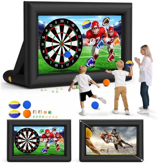 Main image of OWFUVO 3-in-1 14FT Inflatable Projector Screen - Outdoor Movie Screen, Dart Board and Football Target with 120W Blower, Front/Rear Screen for Celebration & Outside Movie Night