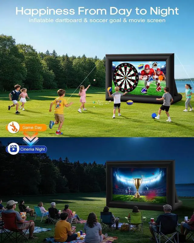Alt view image 2 of 5 - OWFUVO 3-in-1 14FT Inflatable Projector Screen - Outdoor Movie Screen, Dart Board and Football Target with 120W Blower, Front/Rear Screen for Celebration & Outside Movie Night