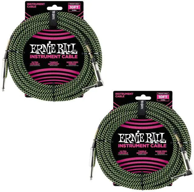 Main image of Ernie Ball Braided Instrument Cable Set Straight/Angle Lenght 10ft in Neon Green/Black (P06077) - Pack of 2