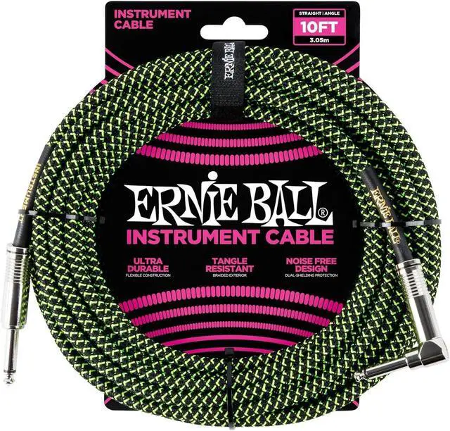Alt view image 2 of 3 - Ernie Ball Braided Instrument Cable Set Straight/Angle Lenght 10ft in Neon Green/Black (P06077) - Pack of 2
