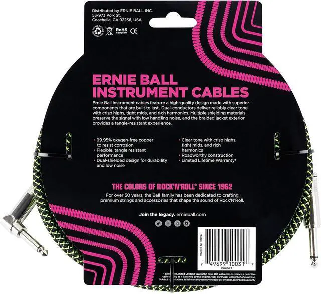 Alt view image 3 of 3 - Ernie Ball Braided Instrument Cable Set Straight/Angle Lenght 10ft in Neon Green/Black (P06077) - Pack of 2