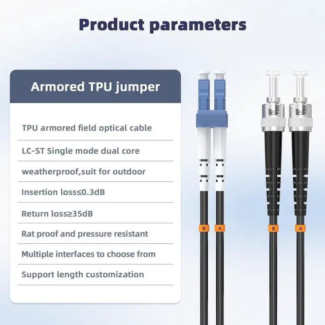 Alt view image 2 of 5 - Jeirdus 50M LC to ST Outdoor Armored Duplex 9/125 SM Fiber Optic Cable Jumper Optical Patch Cord Singlemode 50Meters 160ft LC-ST