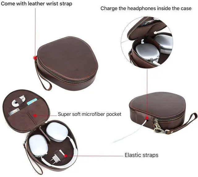 Alt view image 3 of 5 - Hiram Full-Grain Leather Headphone Case Replacement for Apple AirPods Max, Handmade Portable Headphone Case Compatible with Apple AirPods Max