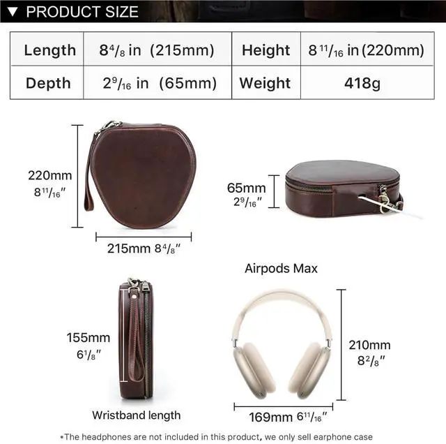 Alt view image 2 of 5 - Hiram Full-Grain Leather Headphone Case Replacement for Apple AirPods Max, Handmade Portable Headphone Case Compatible with Apple AirPods Max