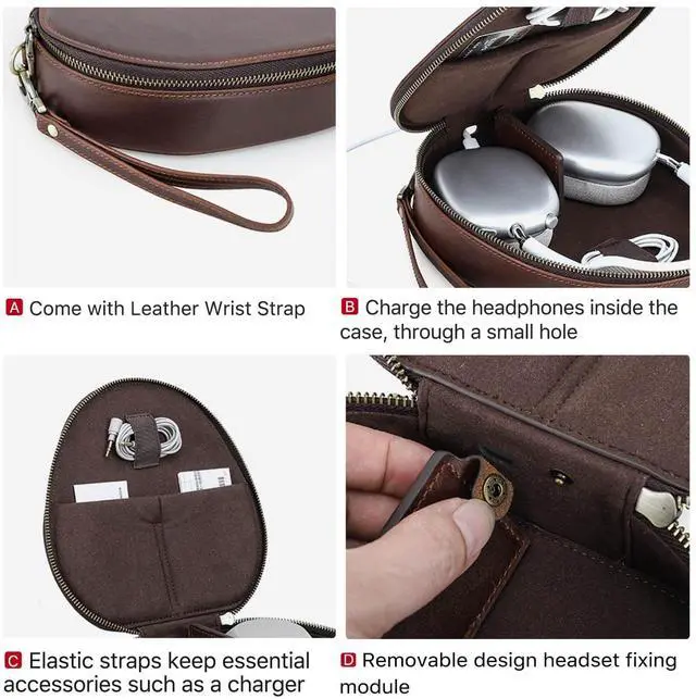 Alt view image 4 of 5 - Hiram Full-Grain Leather Headphone Case Replacement for Apple AirPods Max, Handmade Portable Headphone Case Compatible with Apple AirPods Max