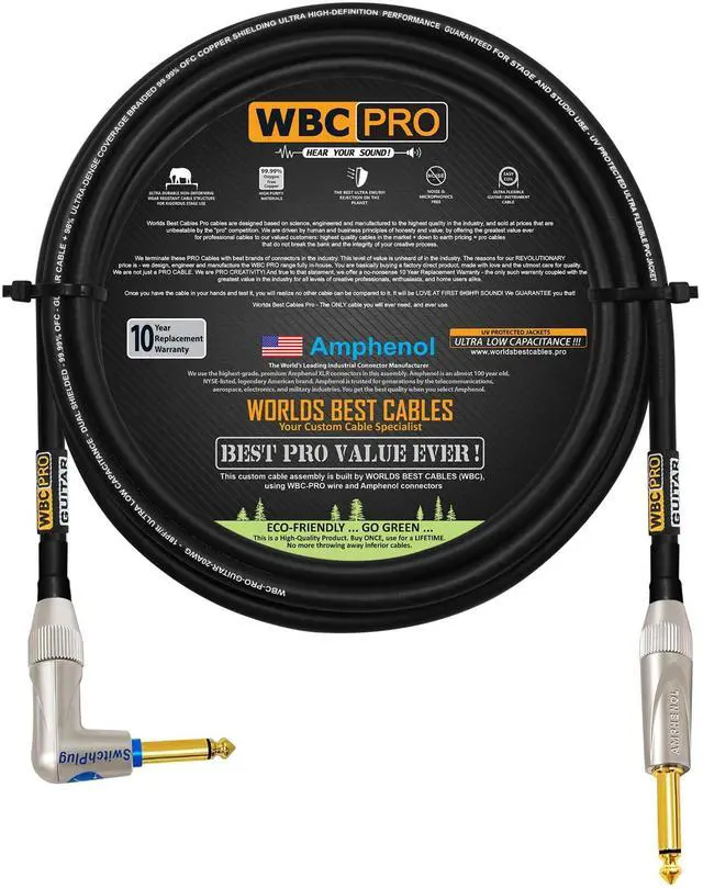 Main image of 10 Foot - WBC-PRO-Guitar 20 AWG - Low-Cap (18pF/ft) Pro-Grade Graphite-Based - Dual-Shielded Guitar Bass Instrument Cable w/Amphenol Straight - Angled (Silent) Inch (6.35mm) Gold TS Plugs