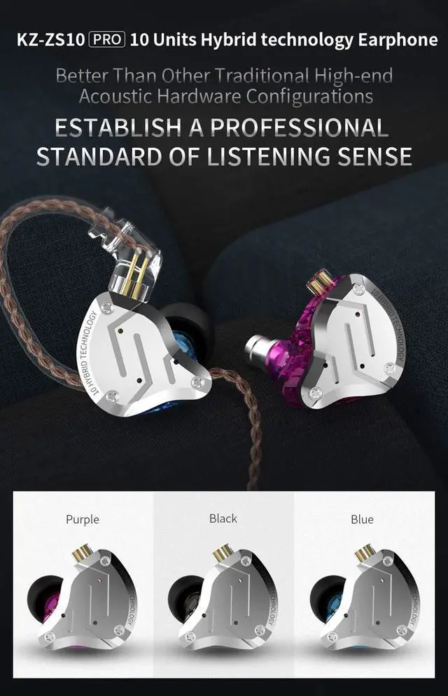 Alt view image 2 of 5 - Five Driver Headphones,KZ ZS10 PRO High Fidelity Noise-Isolating Earbuds/Earphones with Detachable Cable 2Pin 0.75mm (Without MIC, Purple)