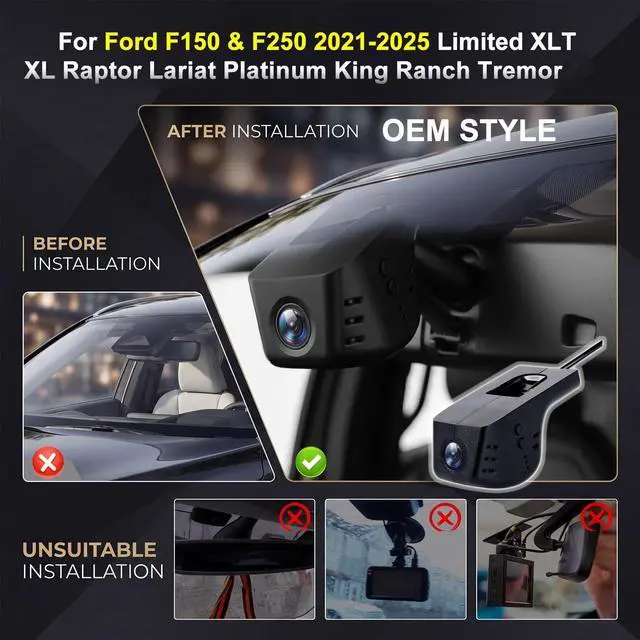 Alt view image 2 of 5 - 4K Dash Cam for Ford F150 & F250 2021-2025 Include Limited XLT XL Raptor Lariat Platinum King Ranch Tremor Model, OEM Hidden Dash Camera with WiFi APP, Night Vision, G-Sensor, 64GB Card
