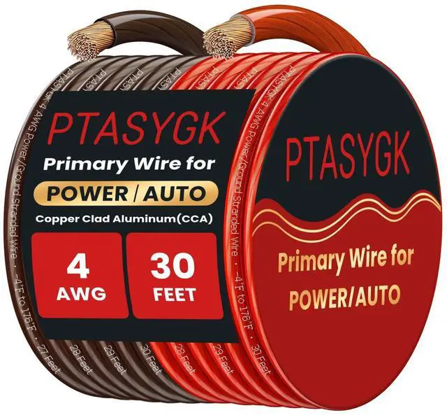Main image of PTASYGK 4 Gauge Wire 30ft Red Black CCA Automotive Battery Power Cable Low Voltage Primary Wire for Car Audio, Solar & Generator - Flexible PVC Jacket