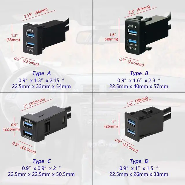Alt view image 4 of 5 - Timloon Dual USB 3.0 Car Dash Flush Mount Extension Cable Length 3.3FT 1M for Toyota, Size 1.6x0.9x2.3 (Type B)