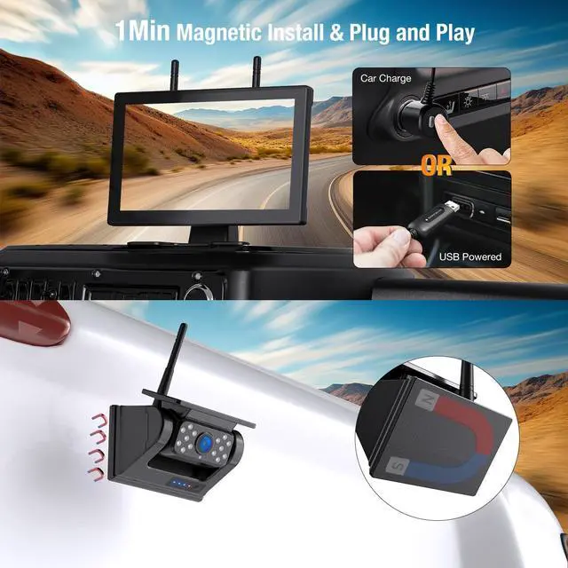 Alt view image 4 of 5 - Magnetic Solar Wireless Backup Camera, 9" IPS Touchscreen Monitor HD1080P DVR Rear View Camera IP69 IR Night Vision No Wiring True 15000mAh Rechargeable Camera for RV, Trailer, Camper, Car,Truc