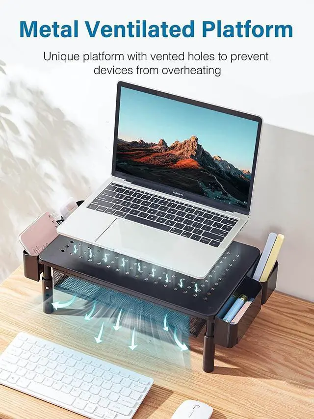 Alt view image 5 of 5 - CHENOMiNL Desk Organizer with Drawer and Phone Holder, Computer Monitor Stand Riser for Home Office - Space-Saving Desktop Shelf with Sturdy Steel Frame, Black