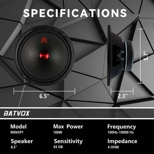Alt view image 3 of 5 - GRTSKY MX65P1 Loudspeaker 6.5 Inch Midrange 200 Watts 4 Ohms Red Dust Cap, Premium Quality Audio Door Speakers for Car or Truck Stereo Sound System, Black (2 Speakers)