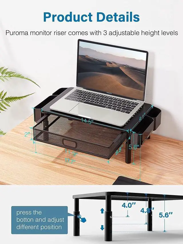 Alt view image 2 of 5 - CHENOMiNL Desk Organizer with Drawer and Phone Holder, Computer Monitor Stand Riser for Home Office - Space-Saving Desktop Shelf with Sturdy Steel Frame, Black