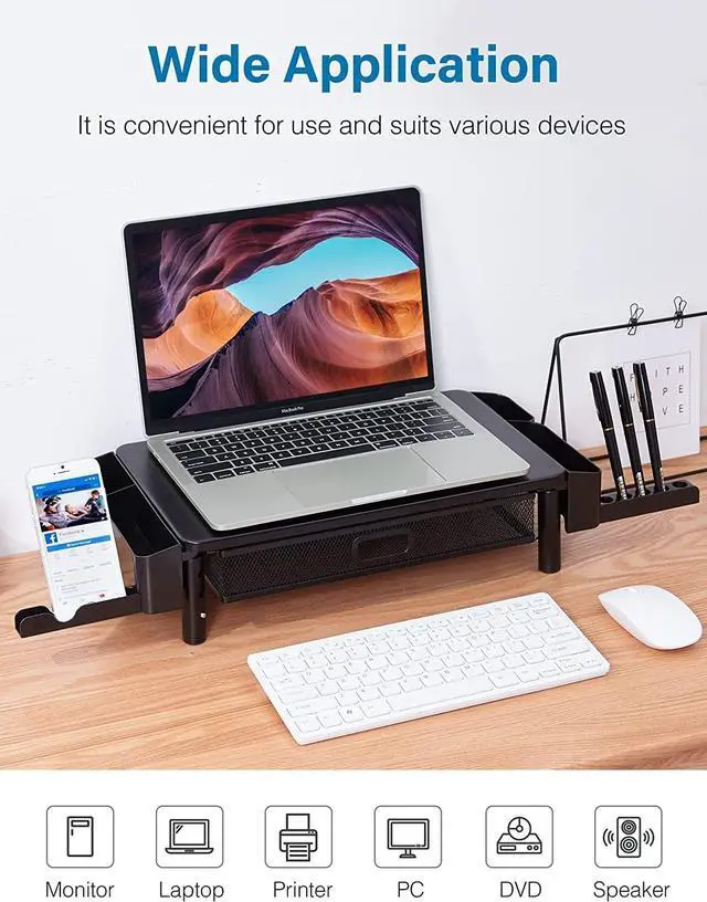 Alt view image 4 of 5 - CHENOMiNL Desk Organizer with Drawer and Phone Holder, Computer Monitor Stand Riser for Home Office - Space-Saving Desktop Shelf with Sturdy Steel Frame, Black
