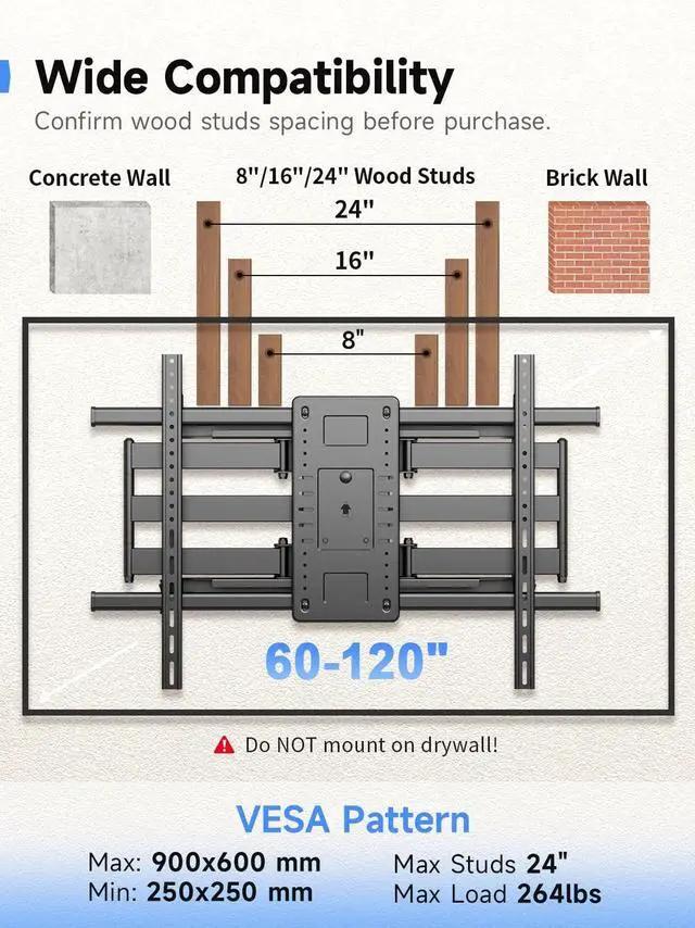 Alt view image 2 of 5 - Suptek 60 to 120 Inch Heavy Duty Articulating TV Wall Mount for Flat and Curved Screens, Full Motion Swivel Tilt TV Bracket with Max VESA 900x600mm, Supports Up to 264 lbs, Black