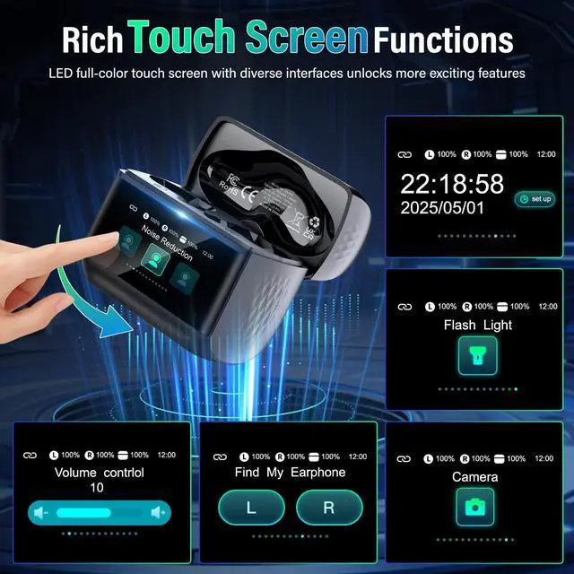 Alt view image 2 of 5 - ZYHKON Wireless Earbuds with Touch Screen, Bluetooth 5.4 Headphones, ANC/ENC Noise Cancelling, 48H HiFi Stereo Bluetooth Ear Buds with 5 EQ Modes, Transparency Mode, IPX7 Earphones, Black