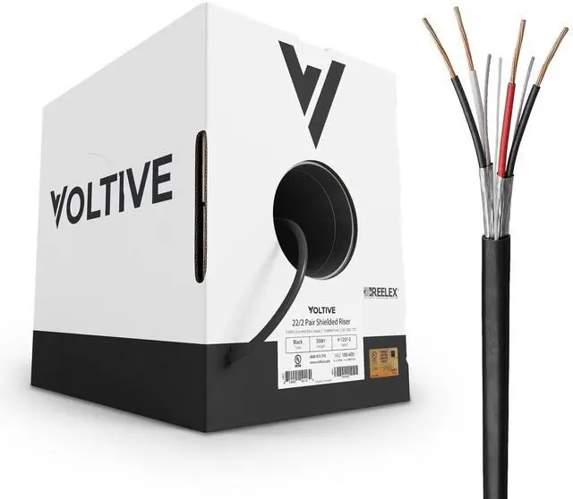 Main image of Voltive 22/2 Pair Shielded Low Voltage Wire, Riser CL3R, Black, 500ft - 22AWG, 2 Shielded Twisted Pairs, Stranded Bare Copper, UL Listed - V-1257-2