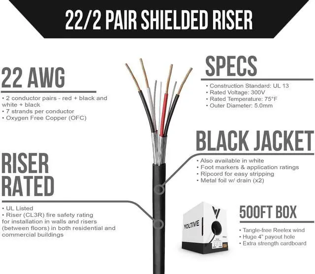 Alt view image 2 of 5 - Voltive 22/2 Pair Shielded Low Voltage Wire, Riser CL3R, Black, 500ft - 22AWG, 2 Shielded Twisted Pairs, Stranded Bare Copper, UL Listed - V-1257-2