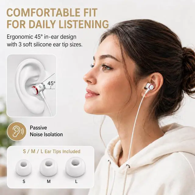 Alt view image 3 of 5 - Rosmas Wired Headphones with case, 3.5mm Audio Jack, Noise Isolating HiFi Stereo Earphones with Mic, Volume Control & Clear Calls for Laptop/Chromebook/Kindle/Switch/Android /MP3 School Use(White)