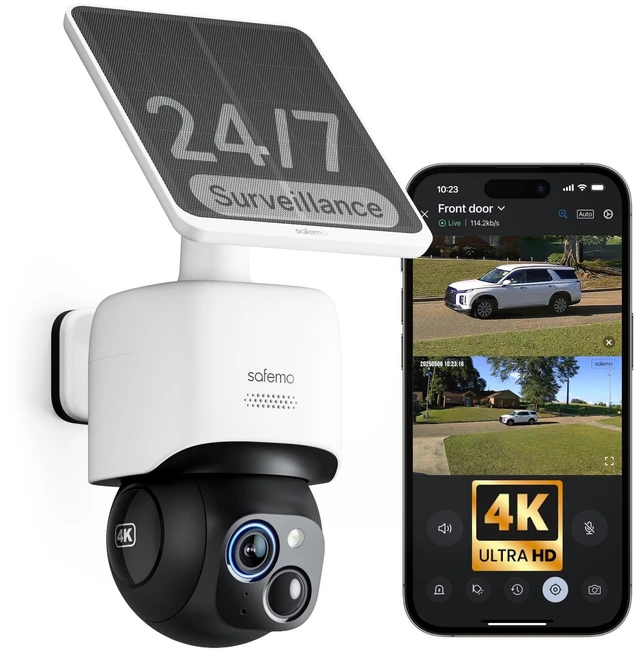 Main image of Safemo 4K Solar Security Cameras Wireless Outdoor, AOV Dual View 360 Pan & Tilt Cameras for Home Security, 24/7 Surveillance, No Blind Spots, 2.4 GHz Wi-Fi, No Monthly Fee