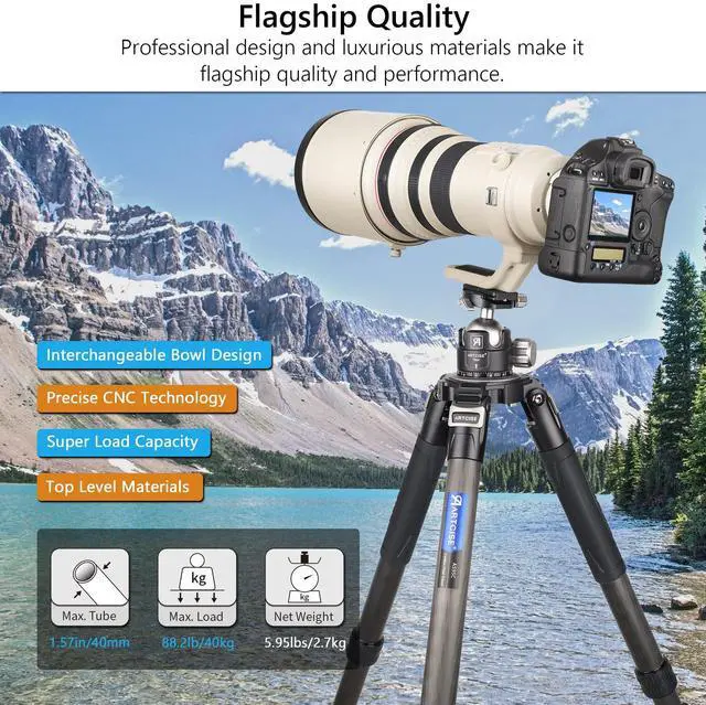 Alt view image 2 of 5 - 82" Carbon Fiber Bowl Tripod Heavy Duty Camera Tripod with 75mm Bowl and Adapter, 10 Layers Carbon Fiber 1.57" /40mm Leg Tube, Ultra Stable Professional Camera Tripod, Max Load 88Lbs/40kg (AS95C)