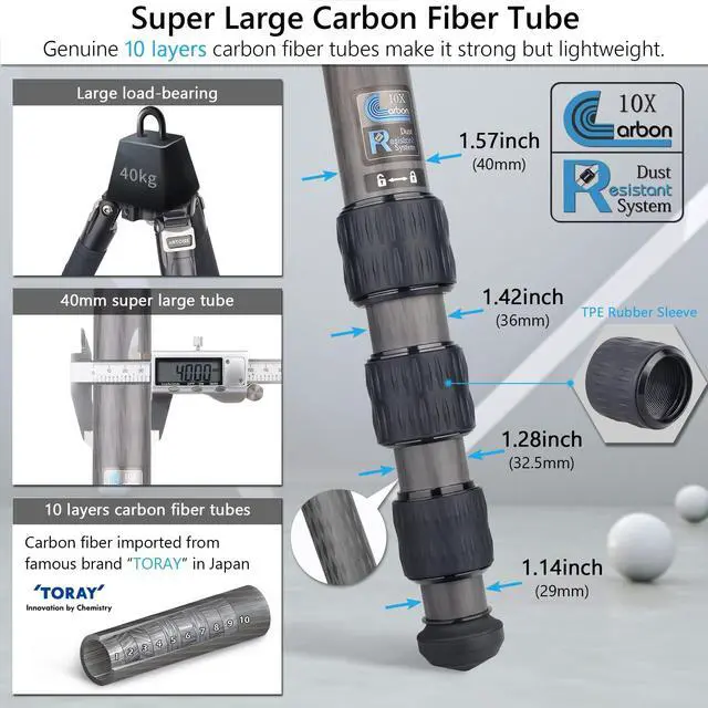 Alt view image 5 of 5 - 82" Carbon Fiber Bowl Tripod Heavy Duty Camera Tripod with 75mm Bowl and Adapter, 10 Layers Carbon Fiber 1.57" /40mm Leg Tube, Ultra Stable Professional Camera Tripod, Max Load 88Lbs/40kg (AS95C)
