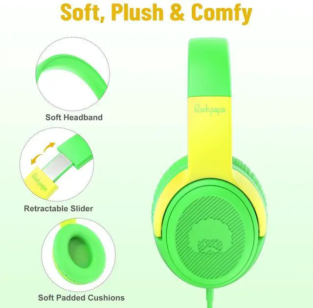 Alt view image 2 of 5 - rockpapa Share 1 Kids Headphones Wired with Microphone & Share Port, 85dB/94dB Volume Limited, Cute Foldable Student Child Boys Girls Headphones for School/Travel Green/Yellow+Blue/Orange
