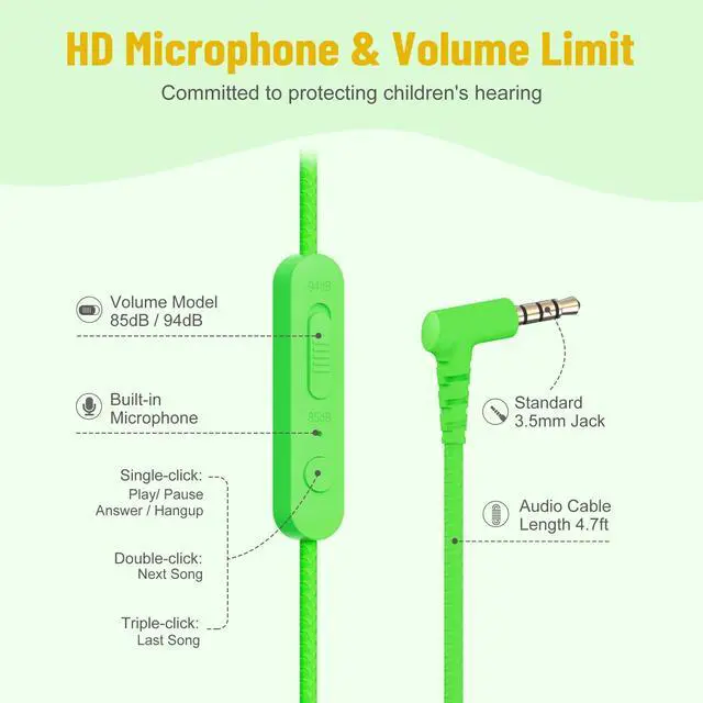 Alt view image 3 of 5 - rockpapa Share 1 Kids Headphones Wired with Microphone & Share Port, 85dB/94dB Volume Limited, Cute Foldable Student Child Boys Girls Headphones for School/Travel Green/Yellow+Blue/Orange