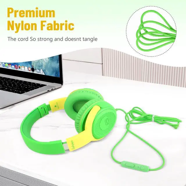 Alt view image 5 of 5 - rockpapa Share 1 Kids Headphones Wired with Microphone & Share Port, 85dB/94dB Volume Limited, Cute Foldable Student Child Boys Girls Headphones for School/Travel Green/Yellow+Blue/Orange