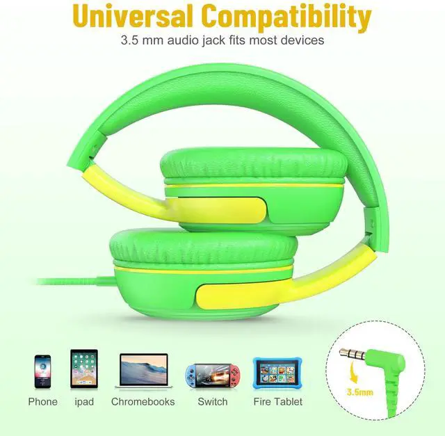 Alt view image 4 of 5 - rockpapa Share 1 Kids Headphones Wired with Microphone & Share Port, 85dB/94dB Volume Limited, Cute Foldable Student Child Boys Girls Headphones for School/Travel Green/Yellow+Blue/Orange