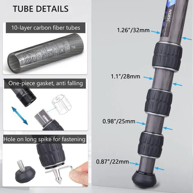 Alt view image 4 of 5 - Carbon Fiber Camera Tripod with 44mm Low Profile Ball Head ARTCISE NS85C Professional Compact Tripod,Special-Shaped Center Column,10 Layers Carbon Fiber, 32mm Leg Tube,Max Load 55lbs/25kg Black