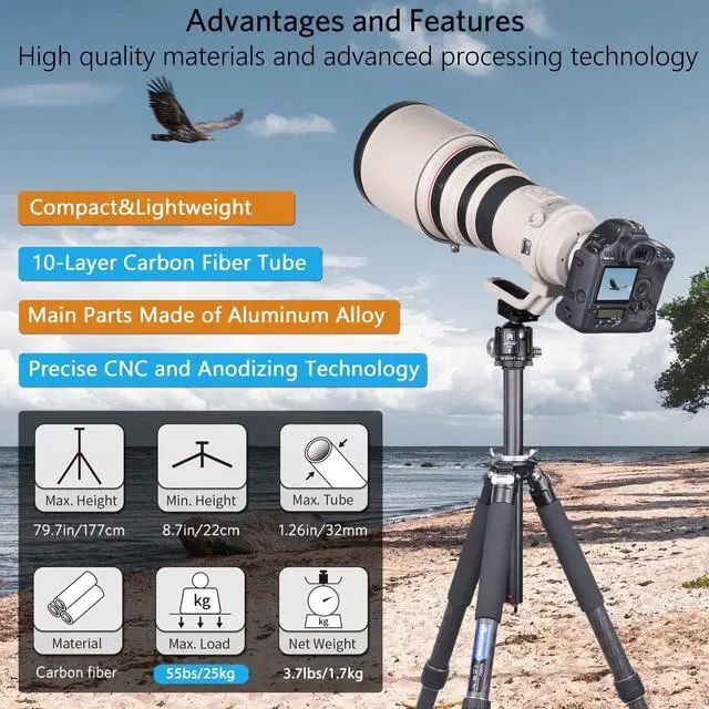 Alt view image 3 of 5 - Carbon Fiber Camera Tripod with 44mm Low Profile Ball Head ARTCISE NS85C Professional Compact Tripod,Special-Shaped Center Column,10 Layers Carbon Fiber, 32mm Leg Tube,Max Load 55lbs/25kg Black