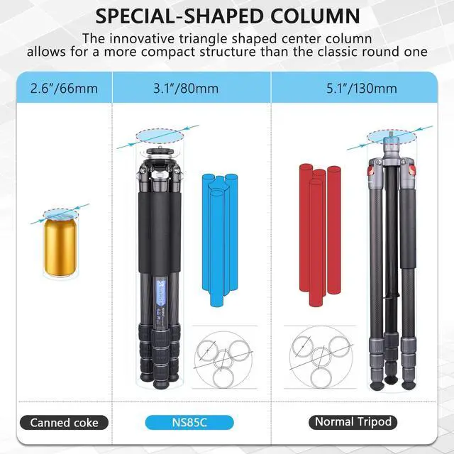 Alt view image 2 of 5 - Carbon Fiber Camera Tripod with 44mm Low Profile Ball Head ARTCISE NS85C Professional Compact Tripod,Special-Shaped Center Column,10 Layers Carbon Fiber, 32mm Leg Tube,Max Load 55lbs/25kg Black