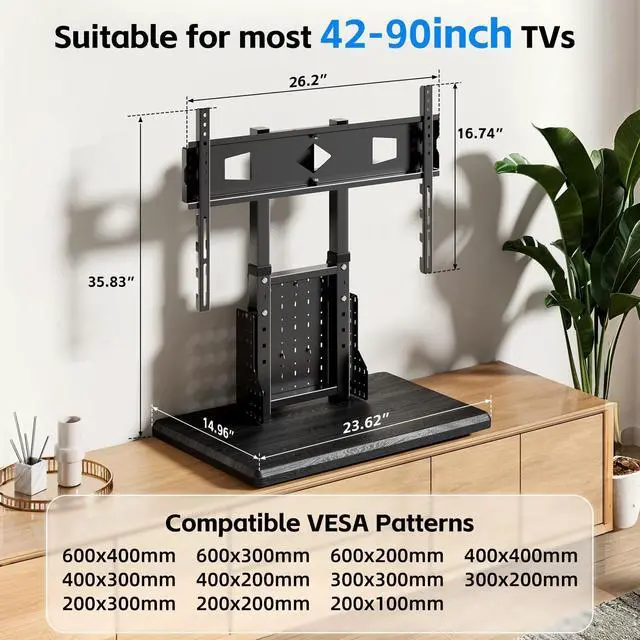 Alt view image 3 of 5 - BEISHI Universal Swivel TV Stand with Pegboard Storage,Height Adjustable Table top TV Stand Mount for 42-90 Inch TVs,up to 150 lbs with Large Wooden Base for Stability,Max VESA 600x400mm (Black)