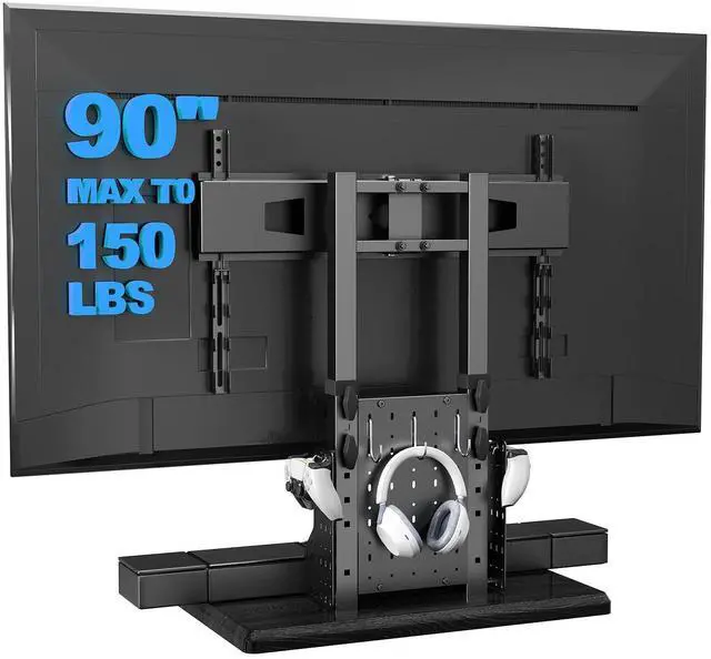 Main image of BEISHI Universal Swivel TV Stand with Pegboard Storage,Height Adjustable Table top TV Stand Mount for 42-90 Inch TVs,up to 150 lbs with Large Wooden Base for Stability,Max VESA 600x400mm (Black)