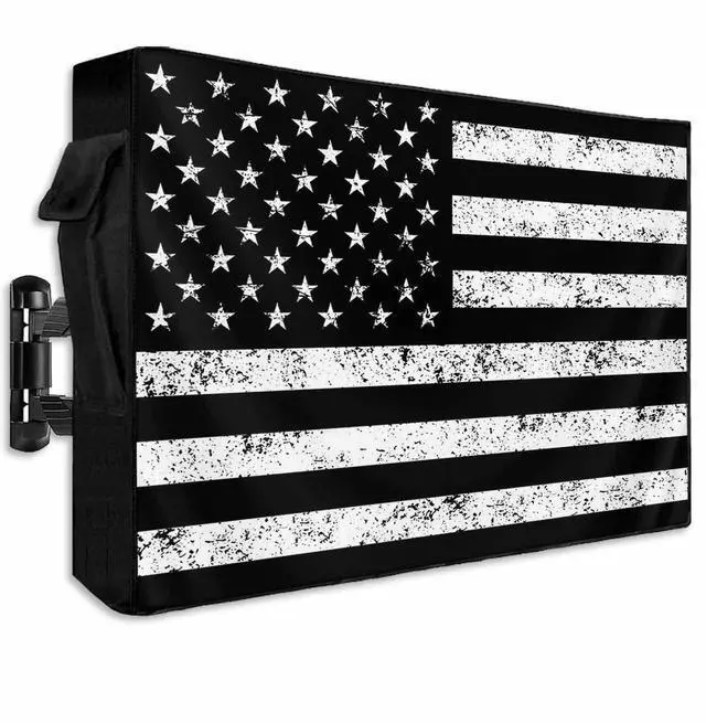 Main image of Lsrtoss Black American Flag Weatherproof Outdoor TV Cover 52-55 Inch, Black White Star Striped Enclosure with Zipper & Roll Up Front Flap