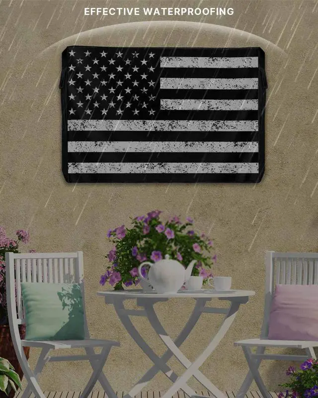 Alt view image 3 of 5 - Lsrtoss Black American Flag Weatherproof Outdoor TV Cover 52-55 Inch, Black White Star Striped Enclosure with Zipper & Roll Up Front Flap
