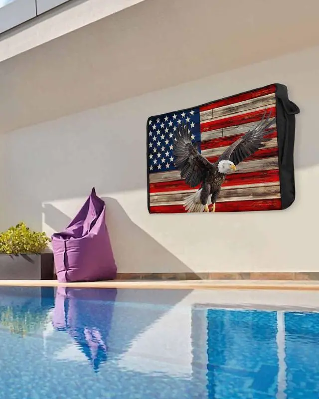 Alt view image 3 of 5 - American Flag Outdoor TV Cover 40"-43" Waterproof & Weatherproof TV Cover for Outside 600D Thick TVs Enclosure Eagle Blue Red USA Flag Retro Flat Television Display Screen Protector with Pocket