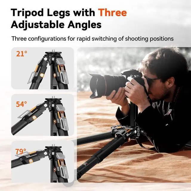 Alt view image 4 of 5 - COMAN T1 Snap-Open Carbon Fiber Tripod, Heavy Duty Tripod for Camera with 44lbs Max Load, Professional Tripod for Telescope DSLR & Mirrorless, Low Angle via Removable Center Column, 62.9 Max Height