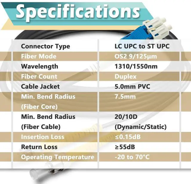 Alt view image 5 of 5 - Yunsufiberpro 656ft / 200m Armored OD-5mm OS2 LC to ST Single Mode Fiber Cable, LC-ST Fiber Optic Patch Cord, Duplex 9/125um SMF Optical Jumper, Black