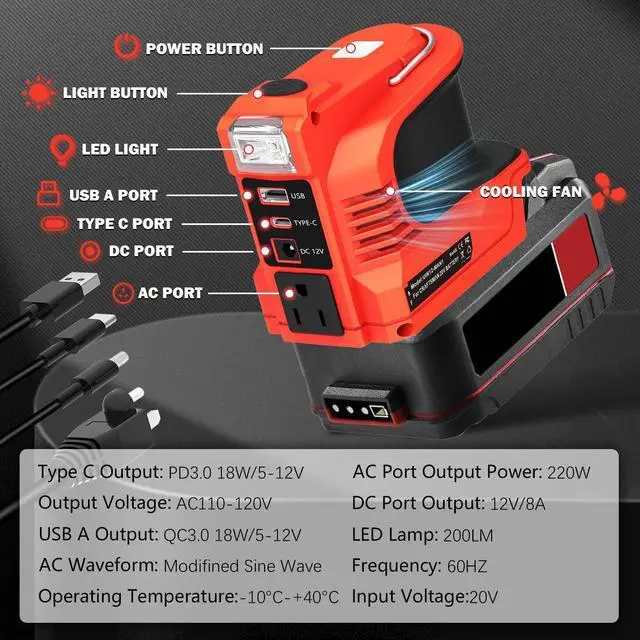 Alt view image 2 of 5 - 220W Power Inverter for Bauer 20V Battery, DC 20V to AC 110-120V Battery Inverter, Charger Adapter w/USB&Type-C&DC Port&AC Outlet&LED Light