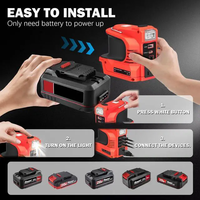 Alt view image 3 of 5 - 220W Power Inverter for Bauer 20V Battery, DC 20V to AC 110-120V Battery Inverter, Charger Adapter w/USB&Type-C&DC Port&AC Outlet&LED Light
