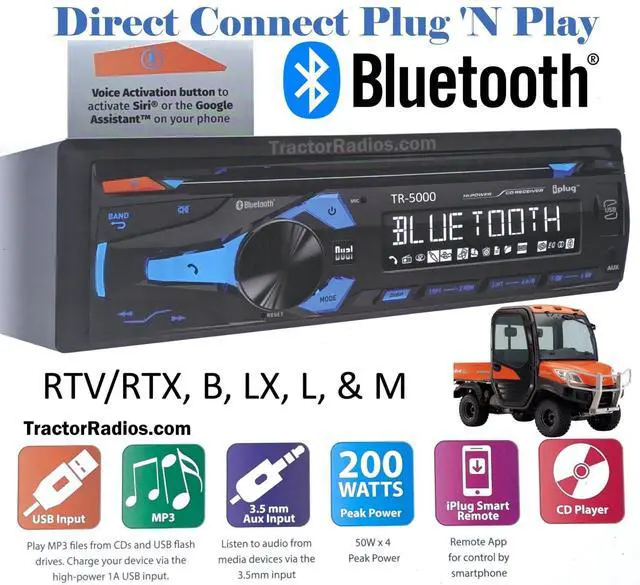 Alt view image 2 of 5 - Compatible with Kubota Tractor Radio Bluetooth CD Stereo Receiver RTV/RTX B LX L M Tractors, USB, MP3, Aux Input, RTV RTX 1100 1100C B2650 Tractors Direct Connect Plug N Play Wiring Harness