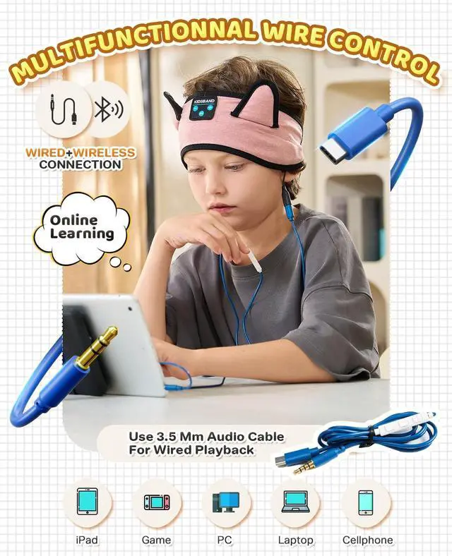 Alt view image 5 of 5 - KIDSBAND Kids Headphones, Baby Headphones for Plane, Bluetooth Headphones Headband for Kids with Wired Playback 3.5 MM Jack for School Girls Boys Children,Kindle Tablet Cellphones Airplane Travel