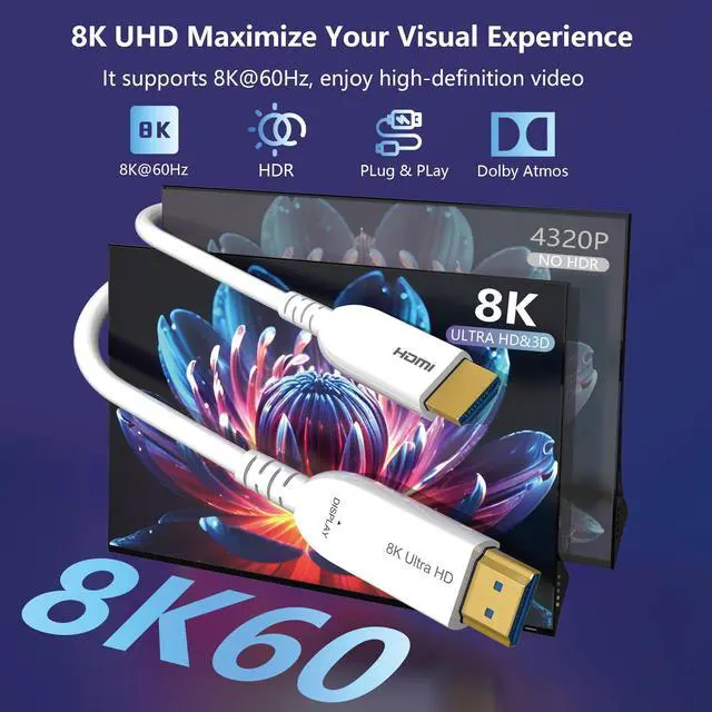 Alt view image 2 of 5 - Anehmeta 8K Fiber Optic HDMI Cable 40FT, 48Gbps Ultra High Speed Long HDMI 2.1 Cord Braided 8K@60Hz 4K@120Hz HDR10/HDCP2.2&2.3/eARC/3D Compatible for PS5, Xbox, HDTV, Laptop, Monitor